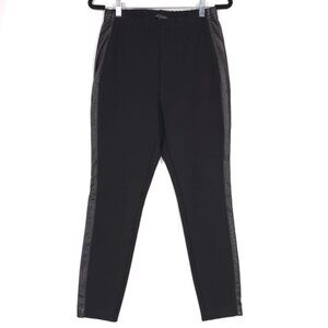 ST. JOHN Leggings Wool Blend Pants Black‎ Side LEATHER Trim Santana Knit MEDIUM
